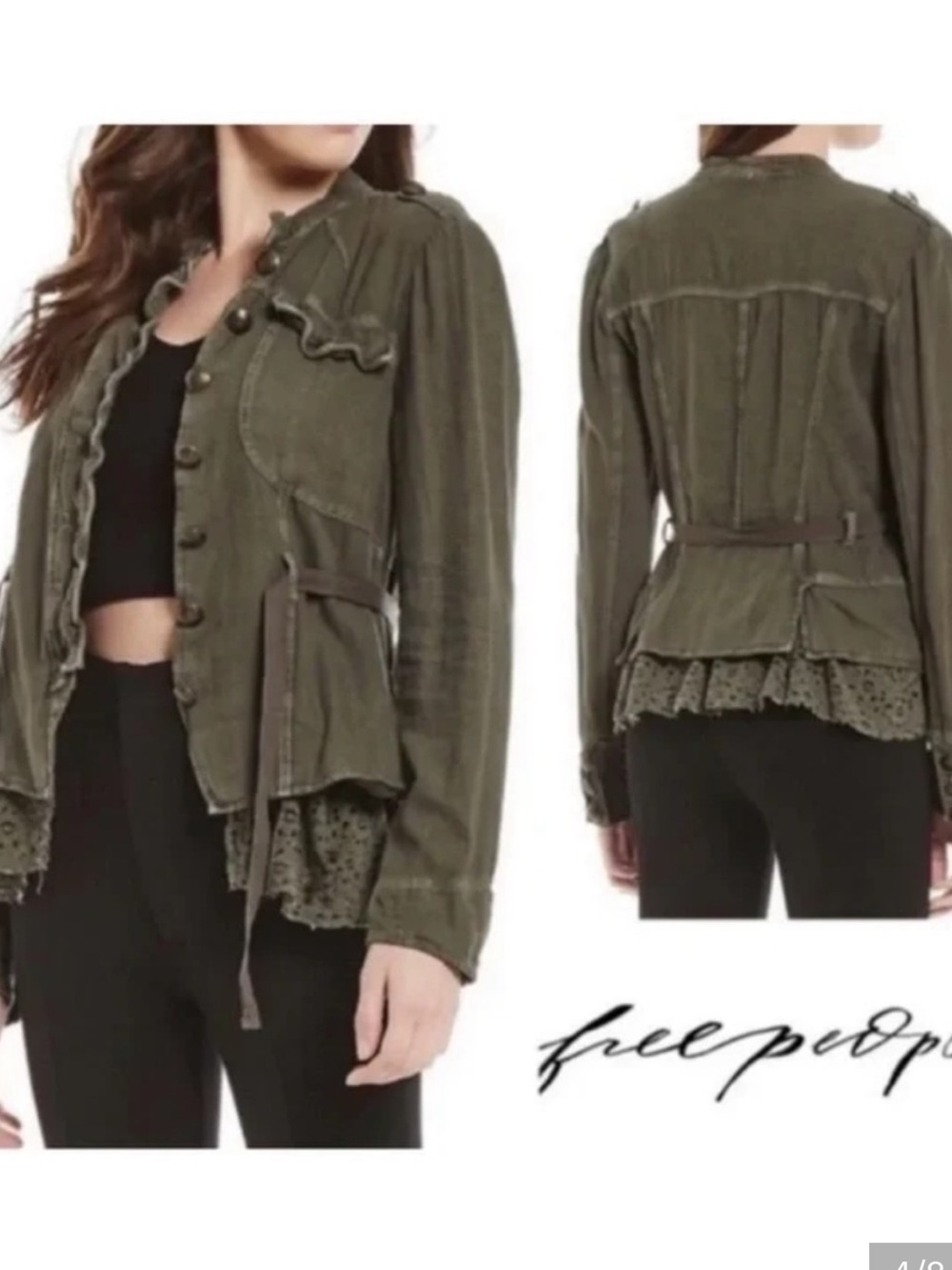 Free people army green Emilia jacket Button Front Jacket with Crochet Hem